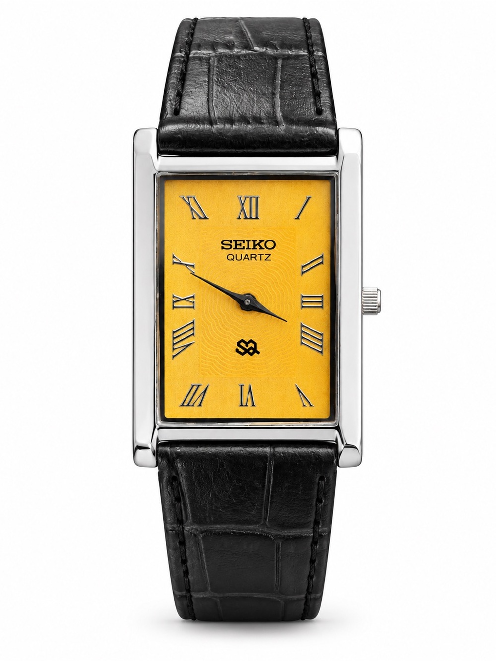 Vintage Seiko Tank watch Yellow Dial Silver bezel with Black Strap